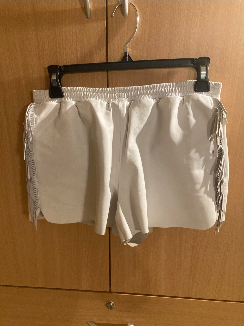 White Leather Fringe Shorts with Elastic Waist